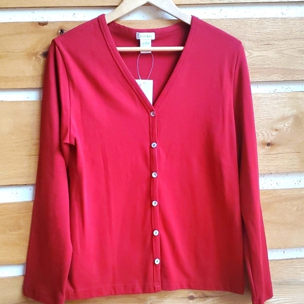Bogari Long Slv Vneck‎ Brick Red Button Down Sz. L Cardigan NWT